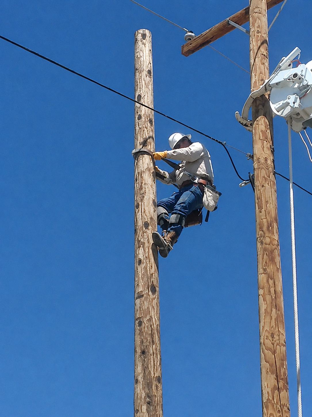 Lineman climbing a utility pole for maintenance