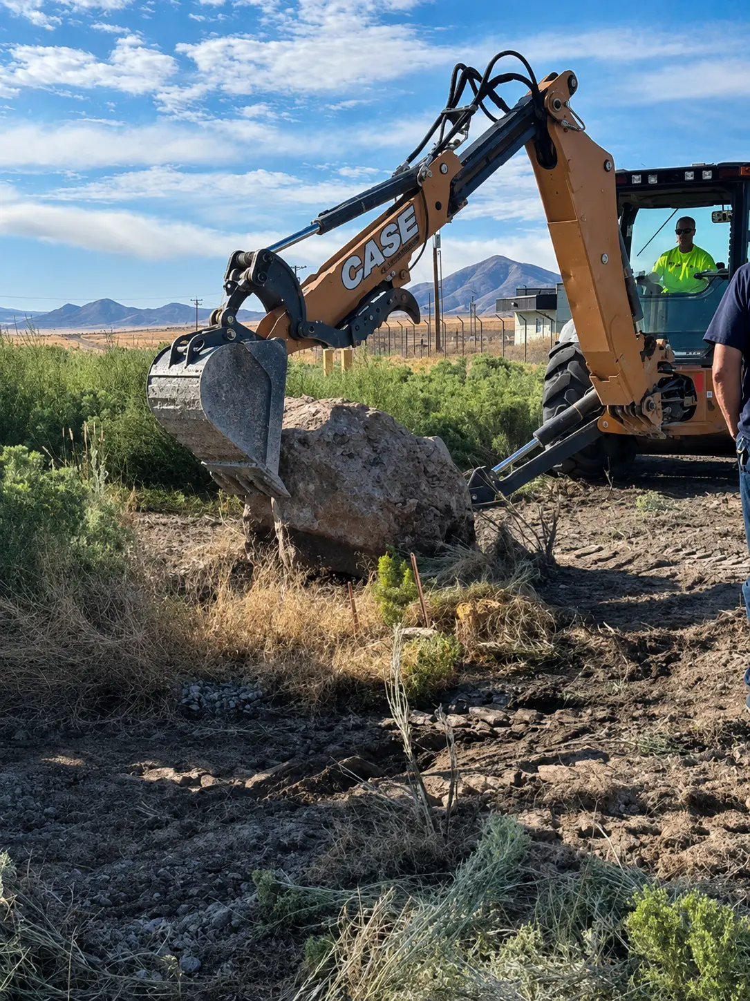 Backhoe moving a large rock during site work