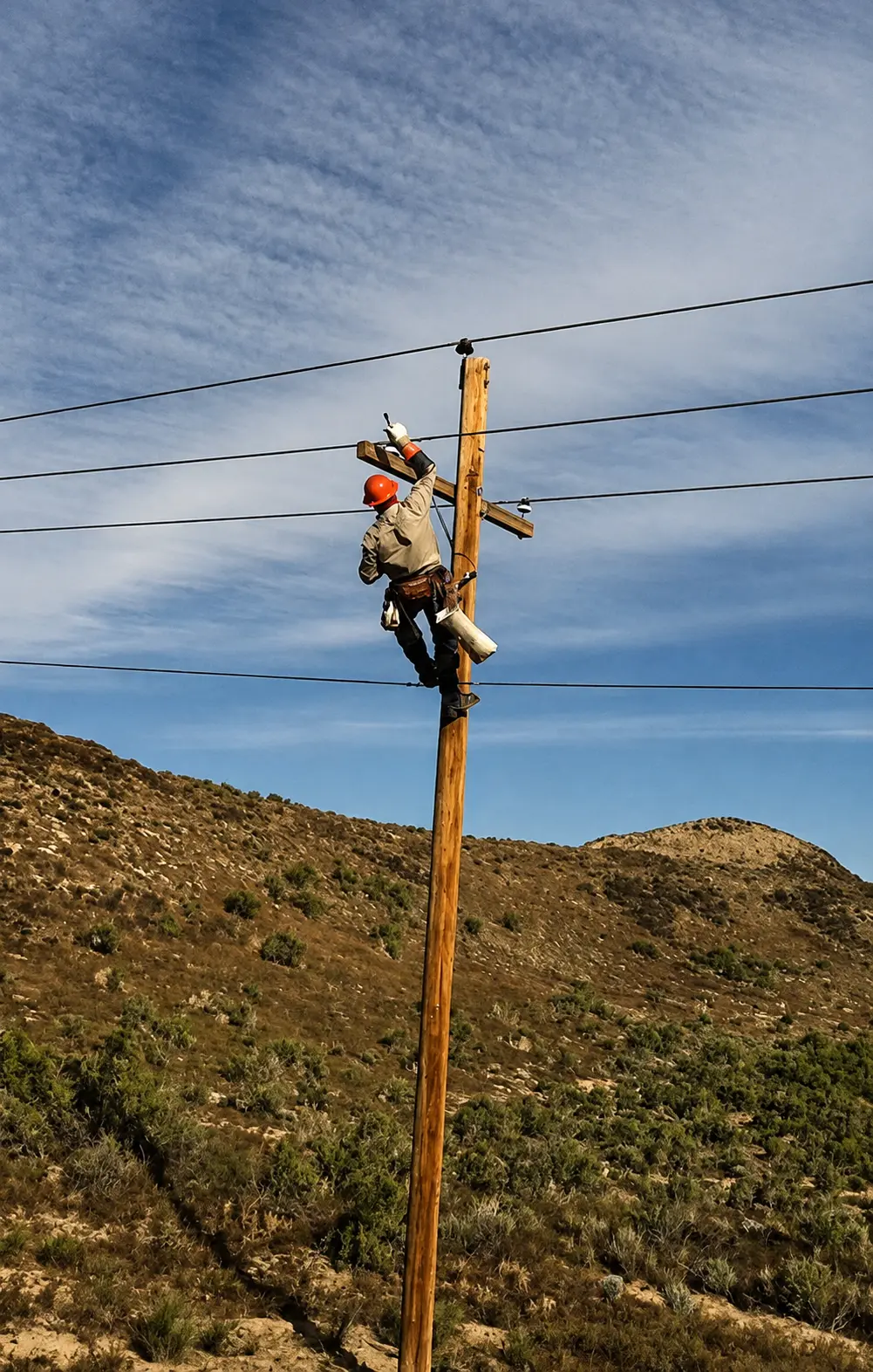 Lineman climbing a utility pole to perform maintenance