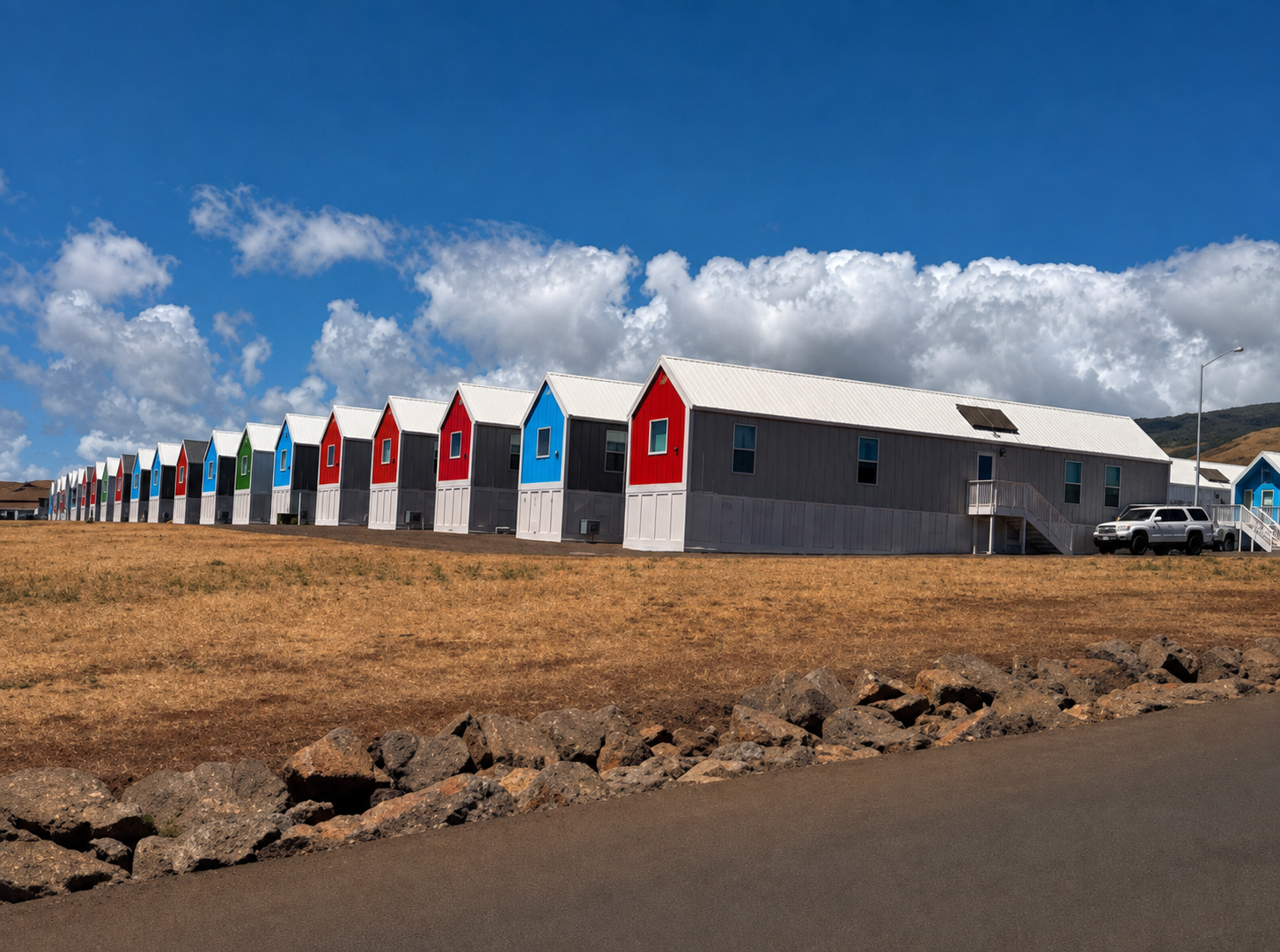 Colorful temporary housing community at a Maui recovery site