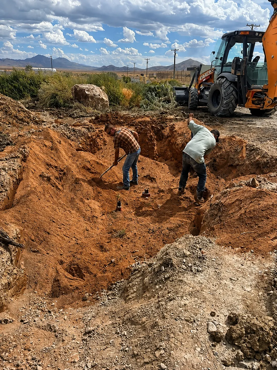 Crew working on underground pipes in a trench