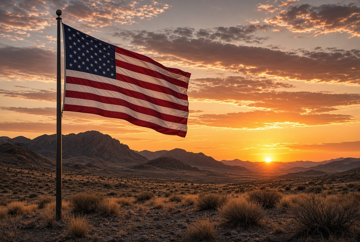 American flag flying at sunset over the Nevada desert
