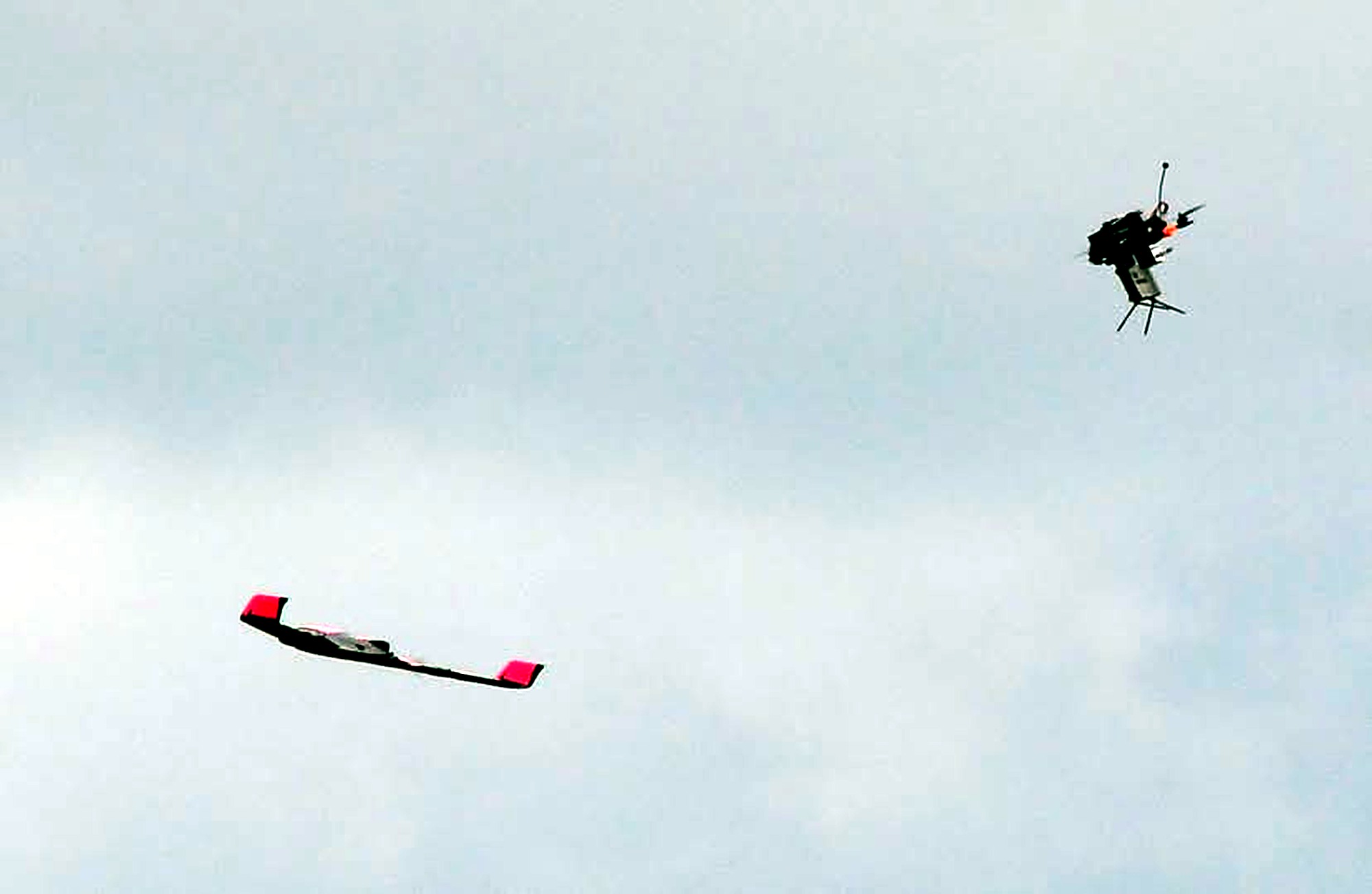 Drone supporting airborne equipment testing against a clear sky